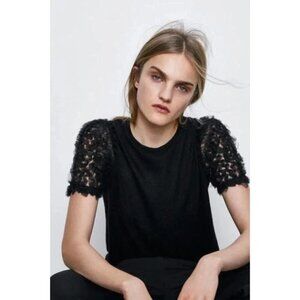 EUC Zara black tulle accented statement sleeve knit-like sweater top, S